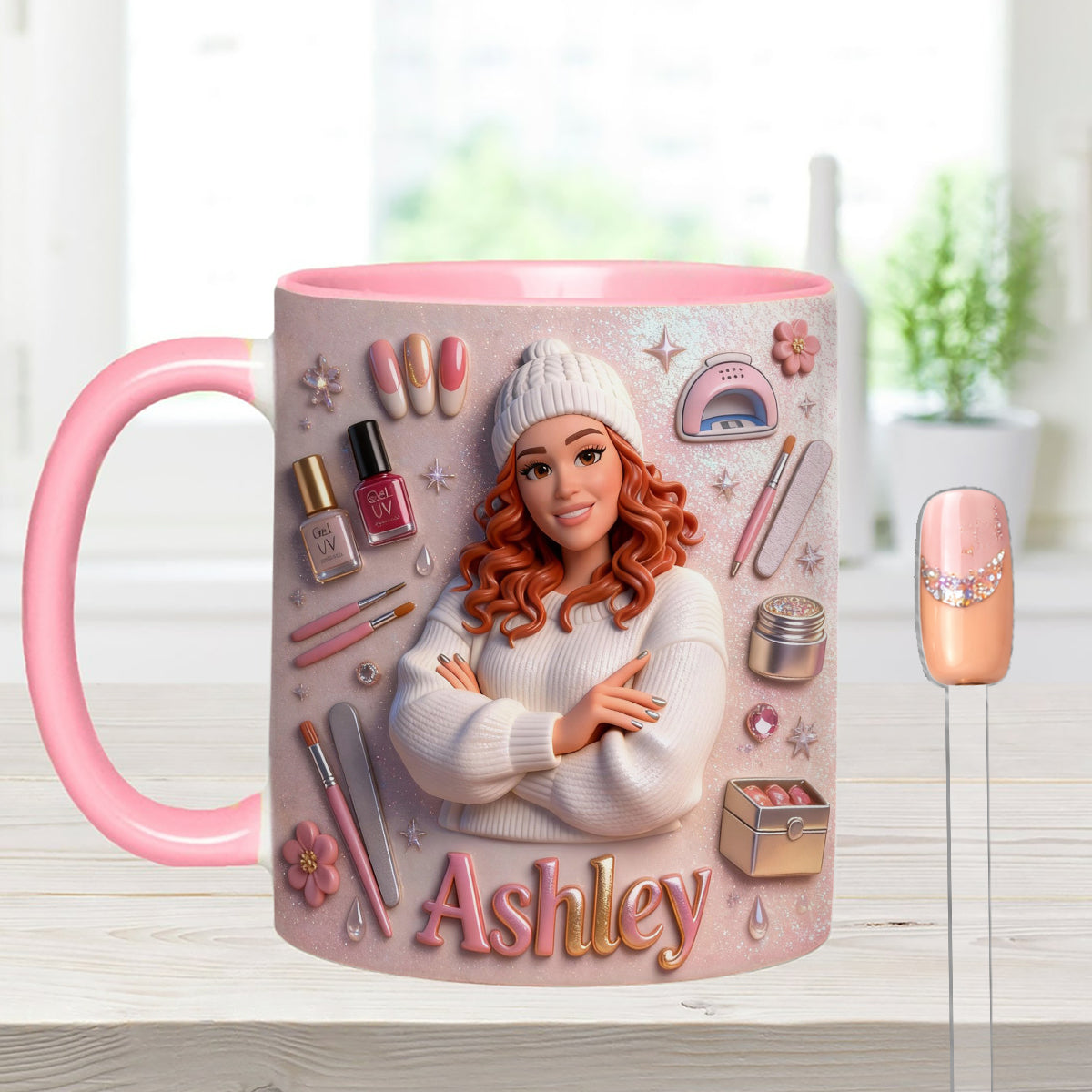 Love Nails Design, cadeau pour fille - Mug décoratif personnalisé avec agitateurs en acrylique, ensemble salon de manucure