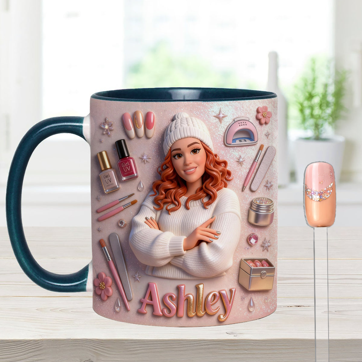 Love Nails Design, cadeau pour fille - Mug décoratif personnalisé avec agitateurs en acrylique, ensemble salon de manucure