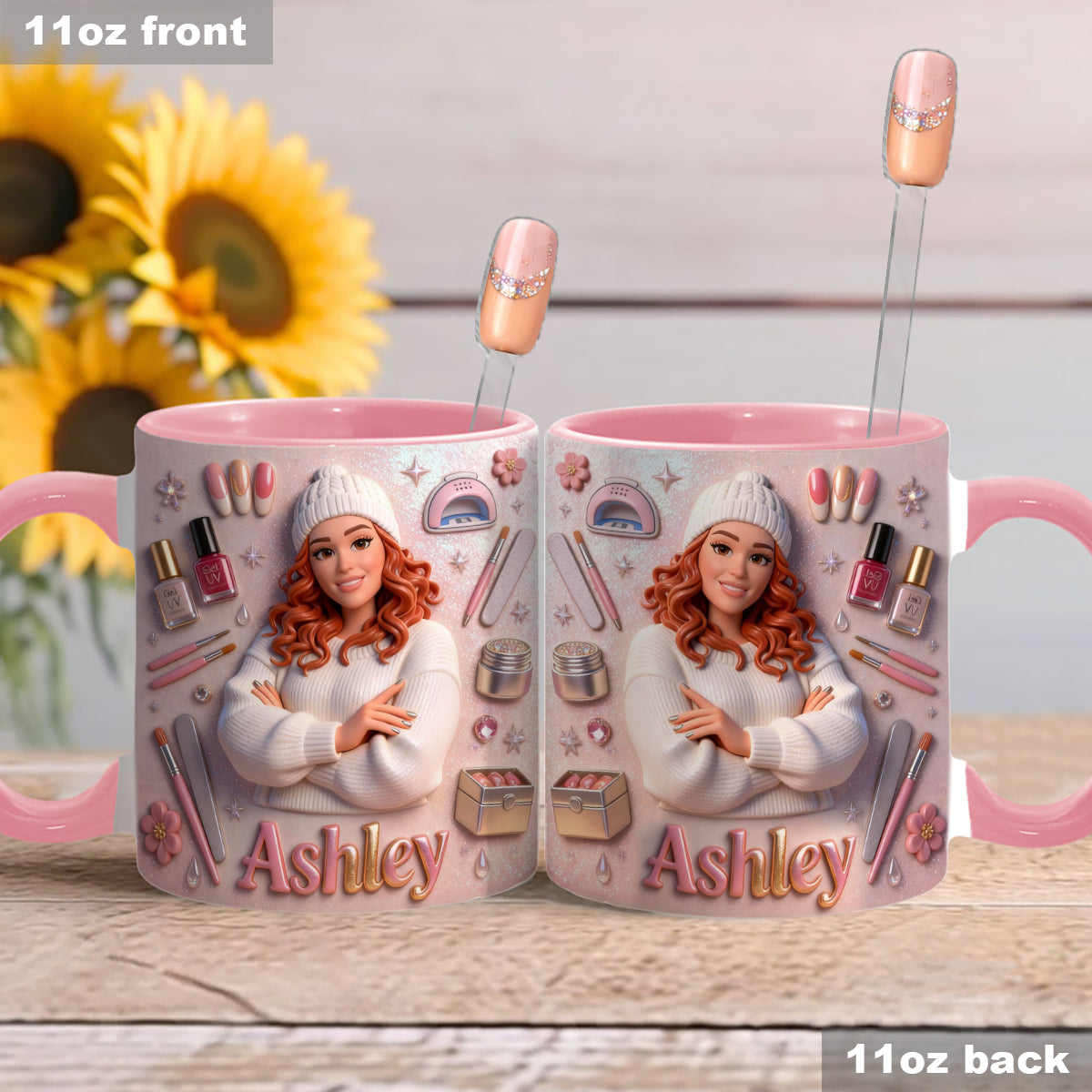 Love Nails Design, cadeau pour fille - Mug décoratif personnalisé avec agitateurs en acrylique, ensemble salon de manucure