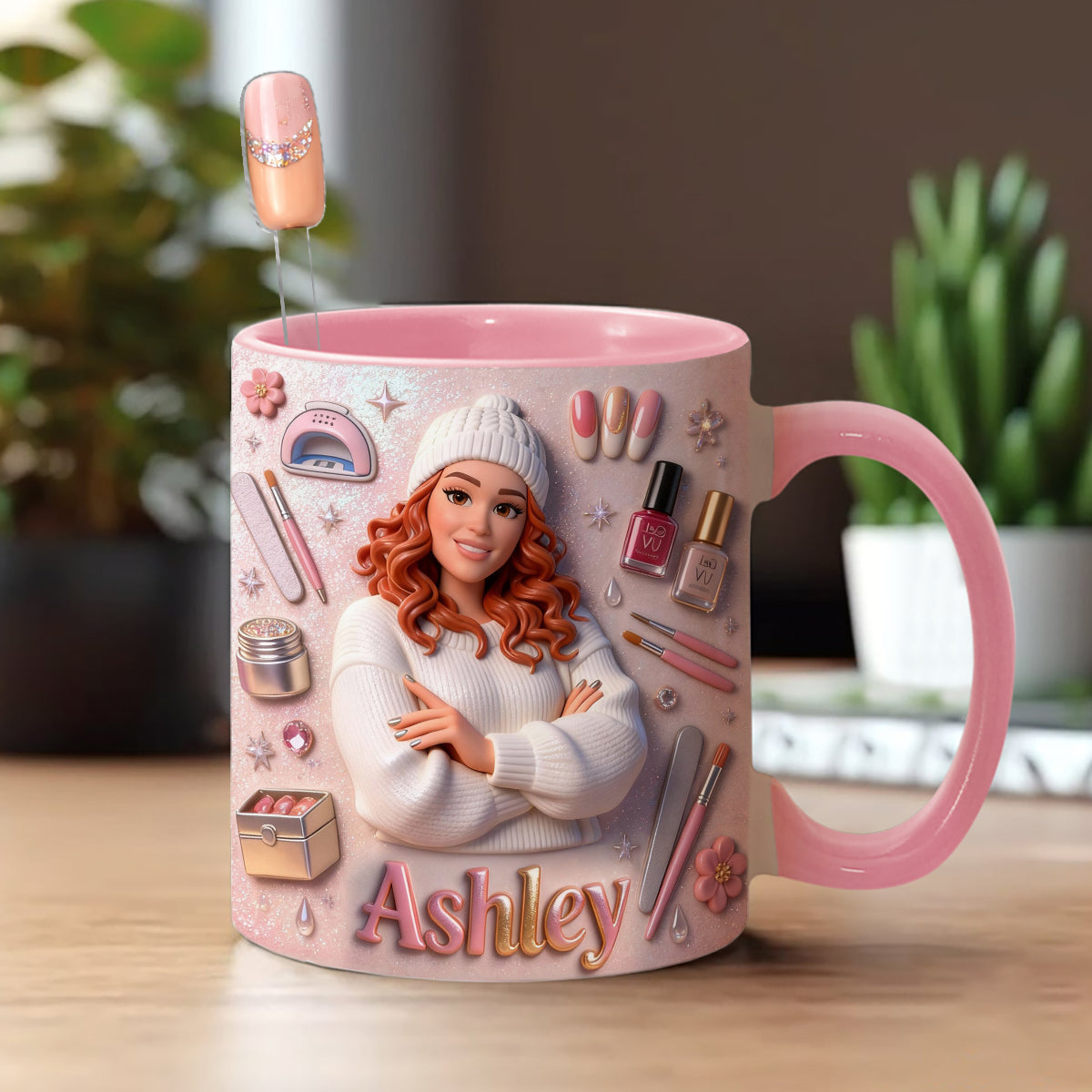 Love Nails Design, cadeau pour fille - Mug décoratif personnalisé avec agitateurs en acrylique, ensemble salon de manucure