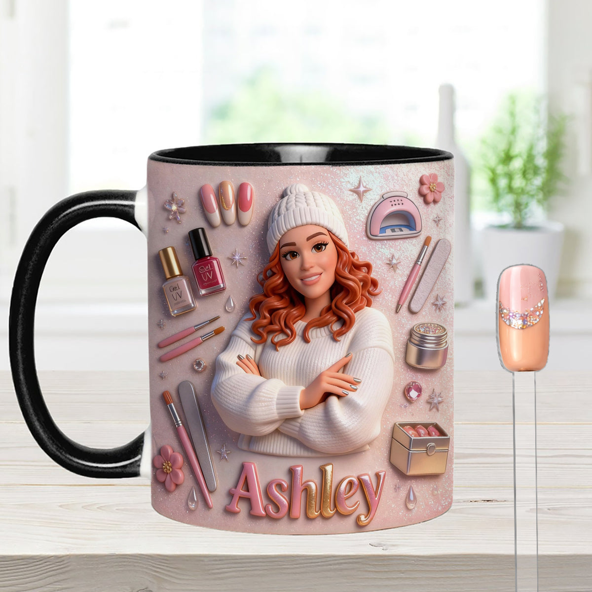 Love Nails Design, cadeau pour fille - Mug décoratif personnalisé avec agitateurs en acrylique, ensemble salon de manucure