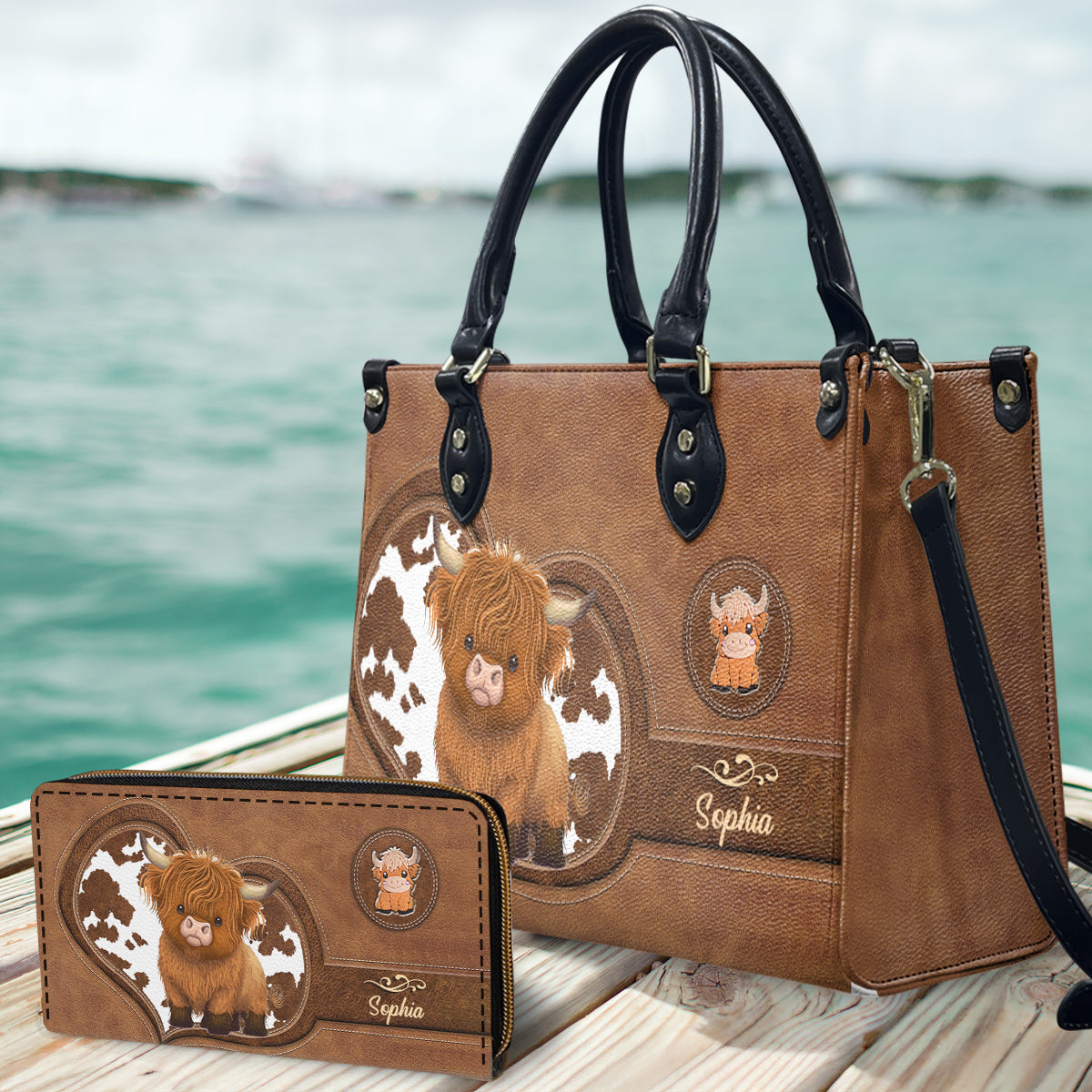 Love Highland Cow - Personalized Highland Cow Leather Handbag & Leather Long Wallet