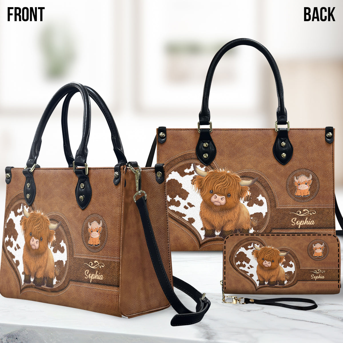 Love Highland Cow - Personalized Highland Cow Leather Handbag & Leather Long Wallet