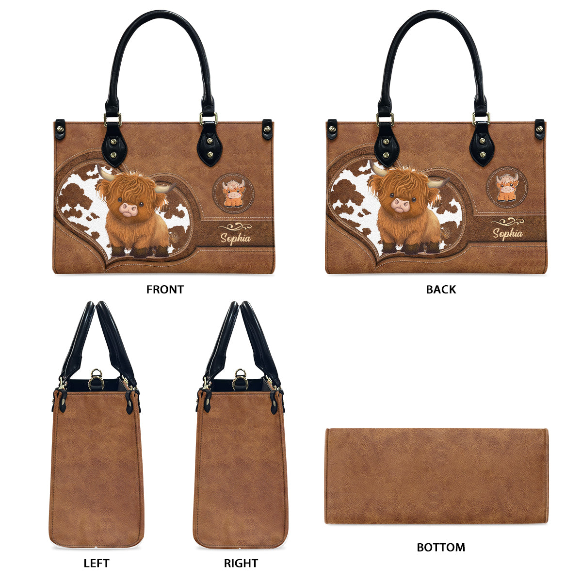 Love Highland Cow - Personalized Highland Cow Leather Handbag & Leather Long Wallet