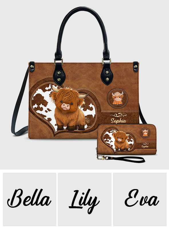 Love Highland Cow - Personalized Highland Cow Leather Handbag & Leather Long Wallet