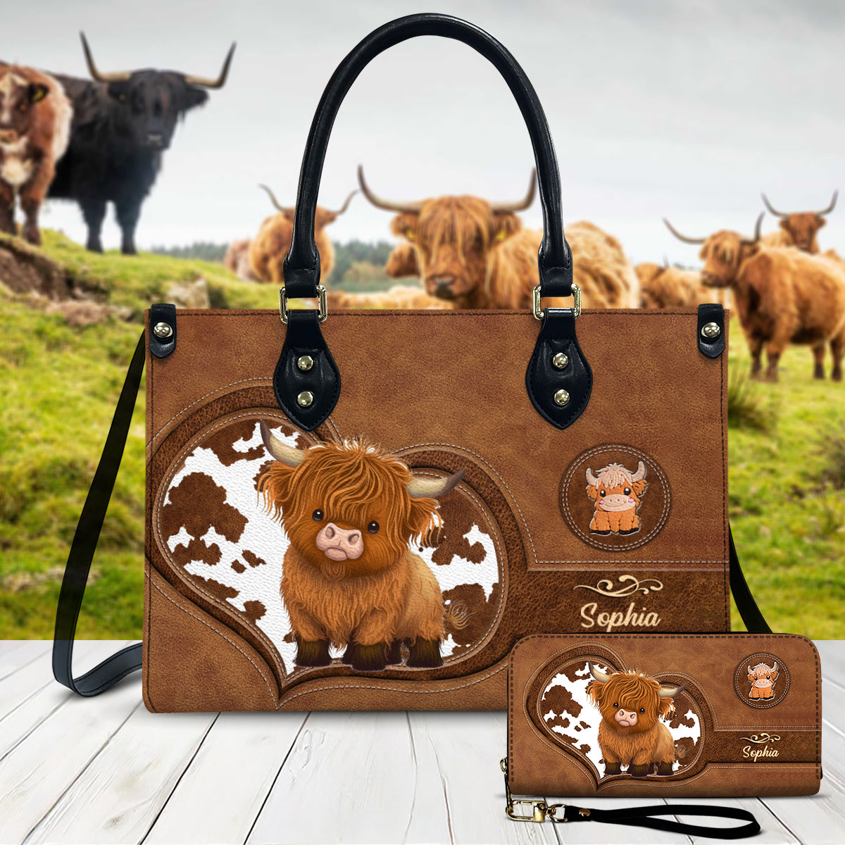 Cute Highland Cow - Personalized Highland Cow Leather Long Wallet