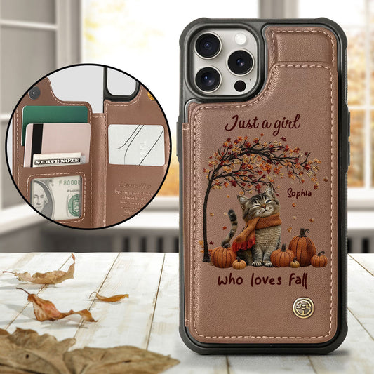 Étui portefeuille personnalisé pour téléphone portable avec un chat - Une fille qui adore l'automne