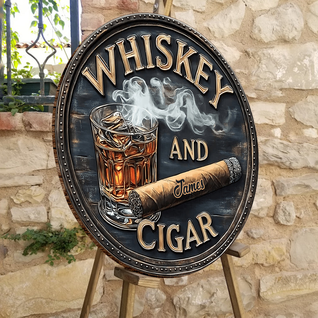 Whisky et cigares - Panneau rond en bois personnalisé pour whisky