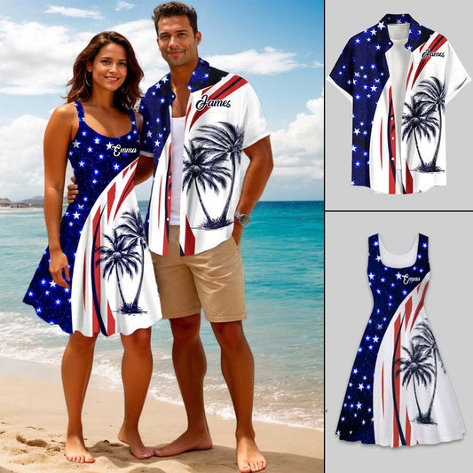 Tenue de plage hawaïenne assortie pour couples, imprimée drapeau américain et cocotiers - Chemise hawaïenne et robe sans manches personnalisées pour couple