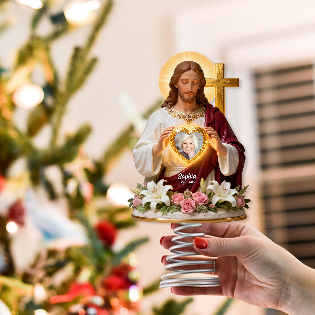 Dieu vous tient dans ses bras - Décoration de sapin lumineuse chrétienne personnalisée à LED