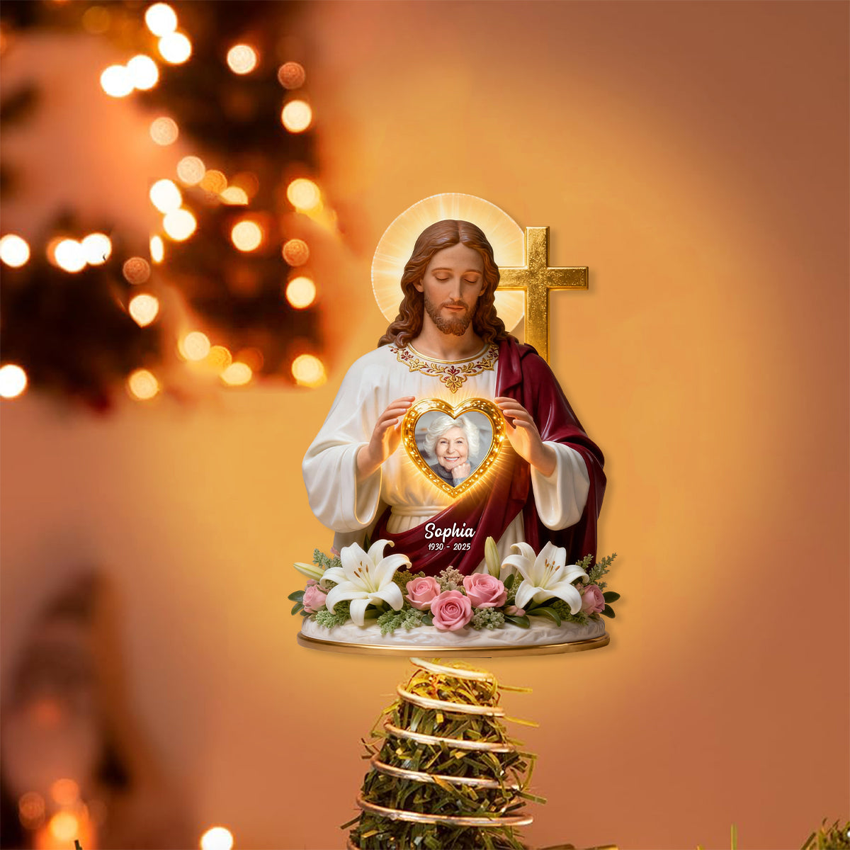 Dieu vous tient dans ses bras - Décoration de sapin lumineuse chrétienne personnalisée à LED