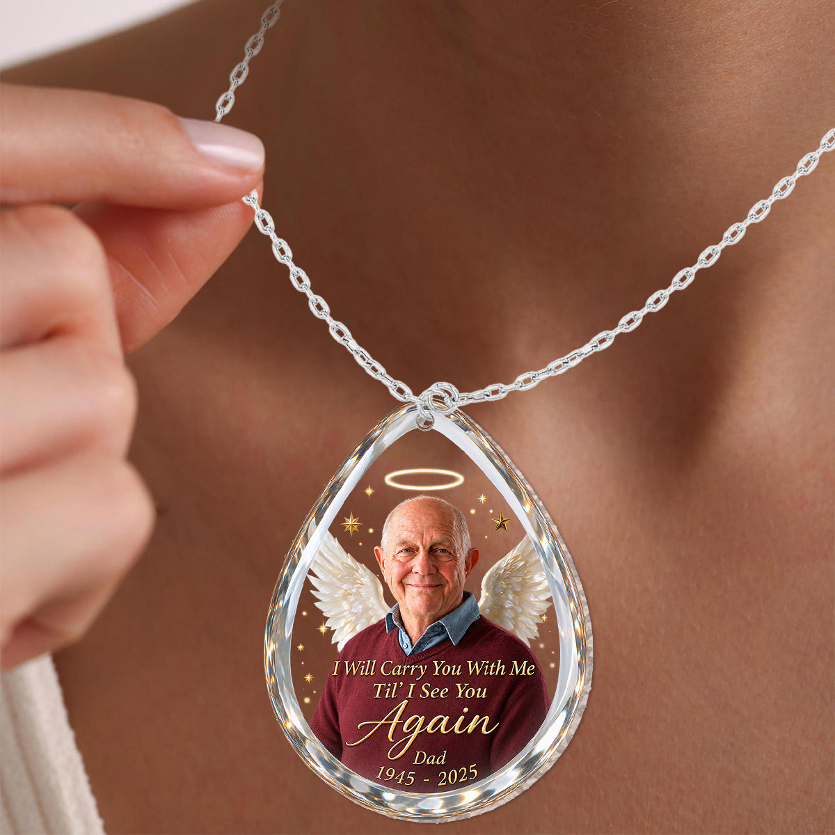 Je te porterai avec moi jusqu'à ce que je te revoie - Collier en acrylique personnalisé en forme de pendentif
