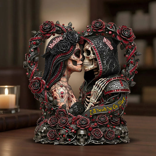 Tête de mort mexicaine « Jusqu'à ce que la mort nous sépare » - Plaque acrylique personnalisée en forme de crâne