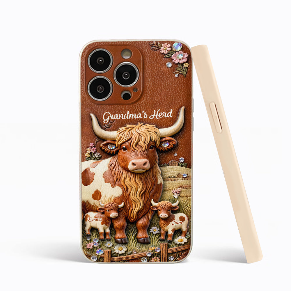 Grandma's Herd - Personalized Highland Cow 3D Embossed Leather Phone Case