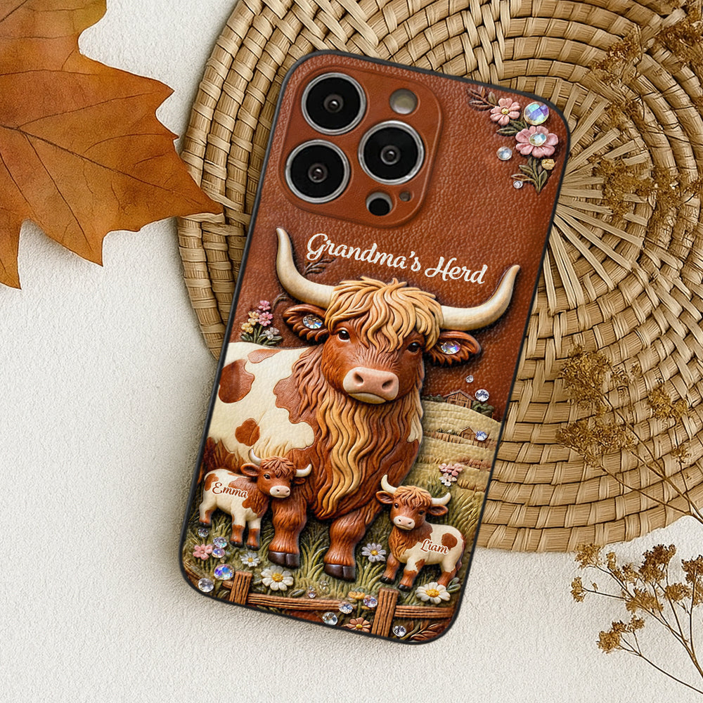 Grandma's Herd - Personalized Highland Cow 3D Embossed Leather Phone Case