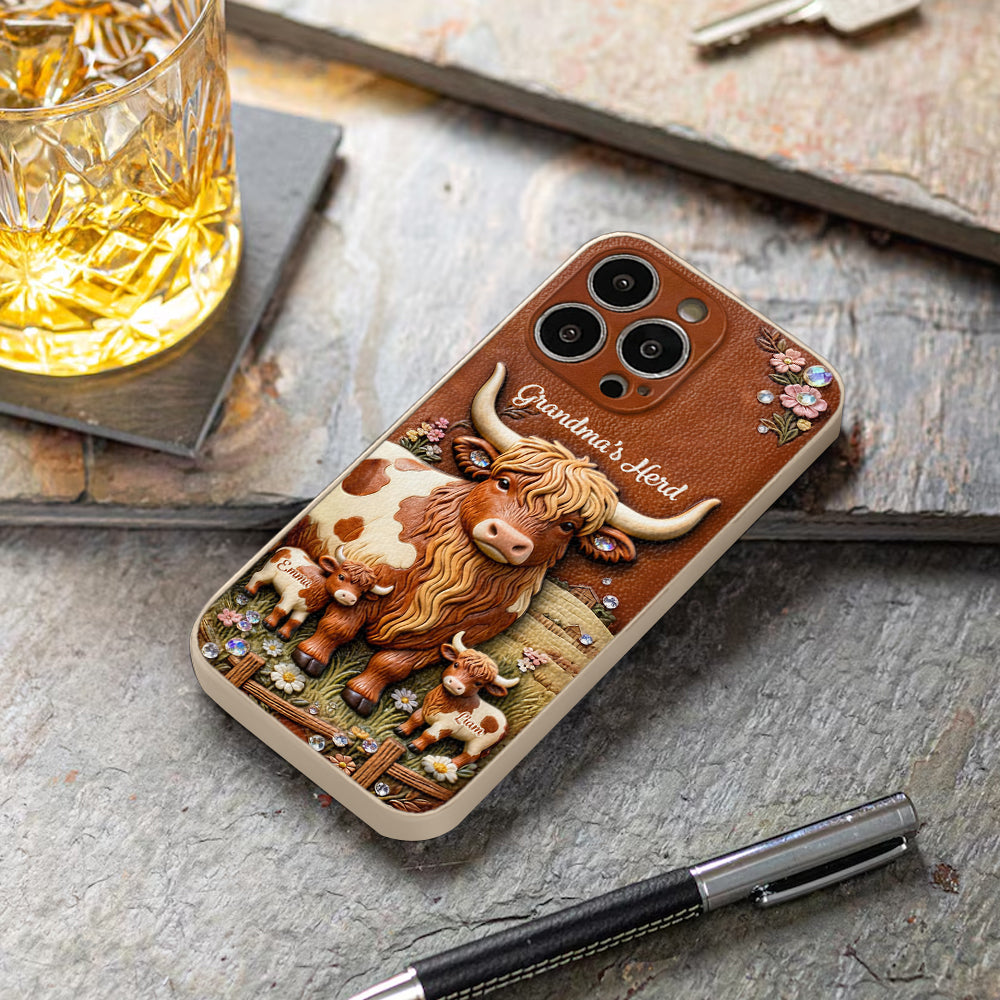 Grandma's Herd - Personalized Highland Cow 3D Embossed Leather Phone Case