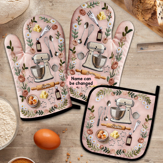Love Baking - Personalized Baking Oven Mitts & Pot Holder Set