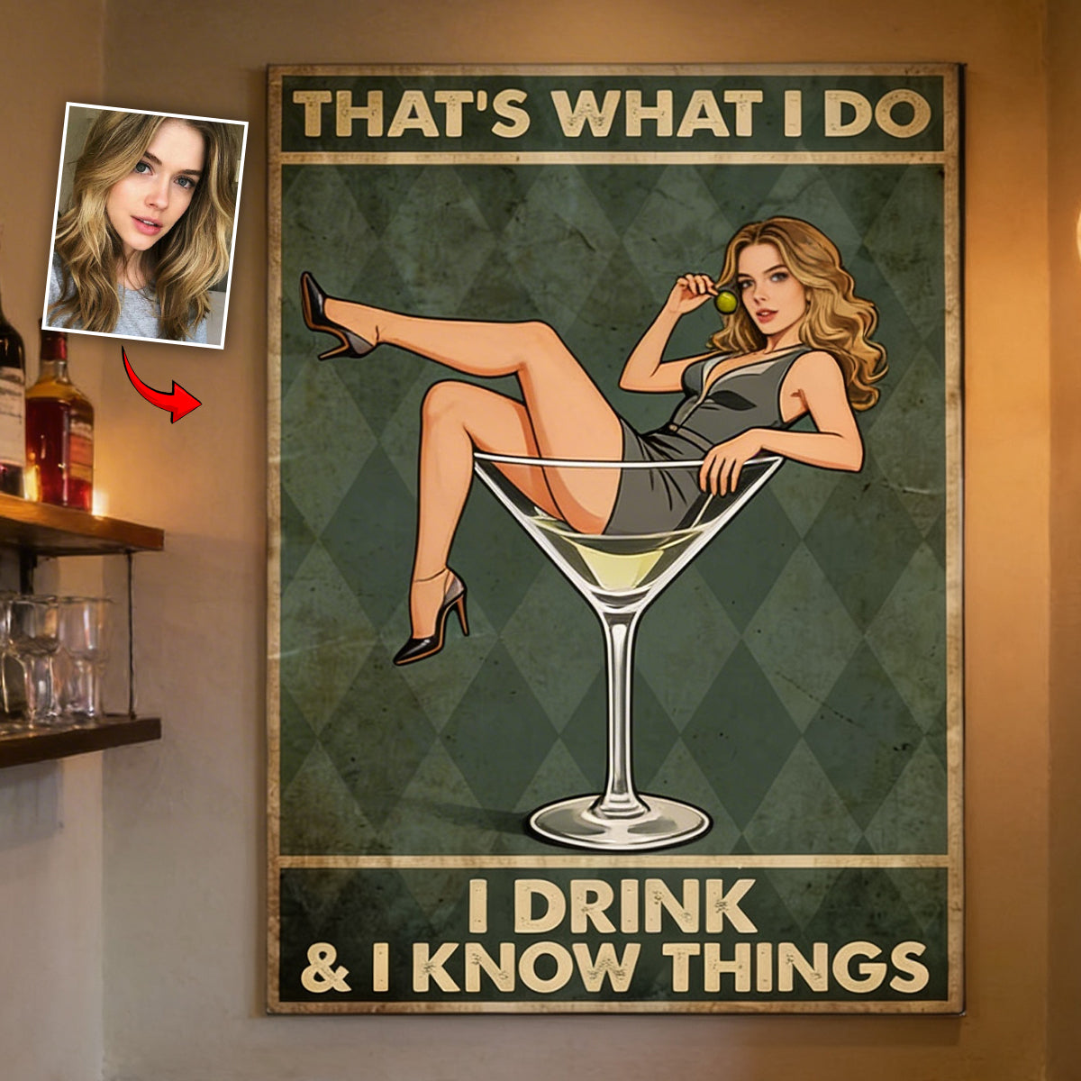 That's What I Do I Drink & I Know Things Retro Pin-up - Personalized Cocktail Custom Shaped Wood Sign
