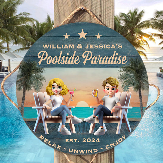 Paradis au bord de la piscine - Panneau rond en bois personnalisé pour couple