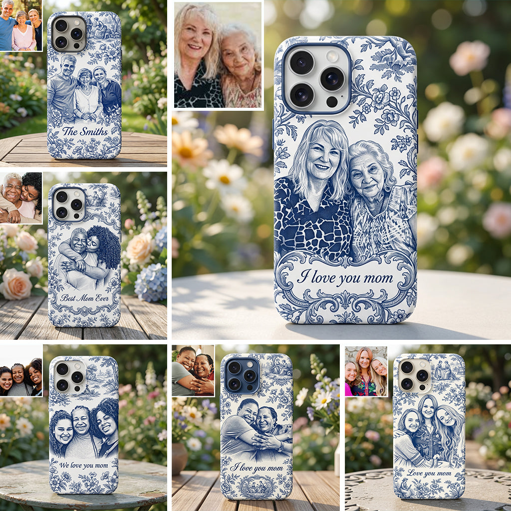 Idée Cadeau Maman, Motif Toile De Jouy Bleue - Coque de Téléphone en Cuir Personnalisée 3D