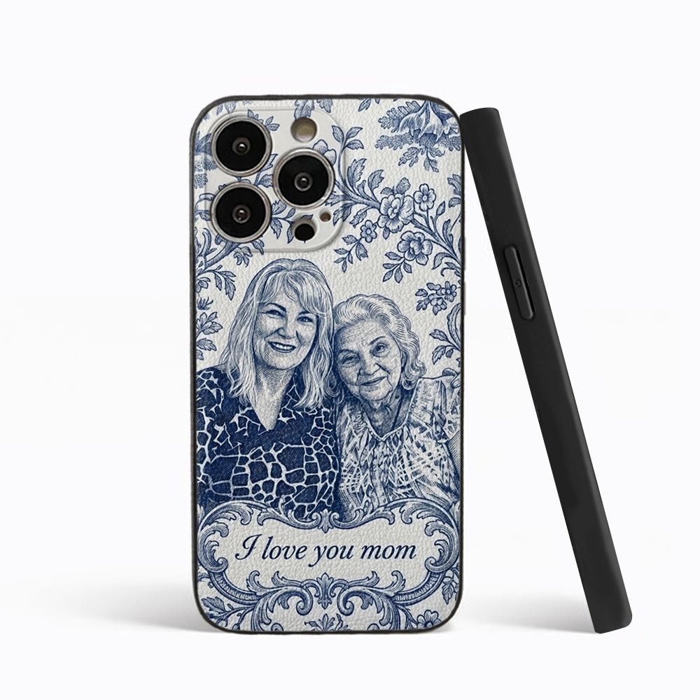 Idée Cadeau Maman, Motif Toile De Jouy Bleue - Coque de Téléphone en Cuir Personnalisée 3D