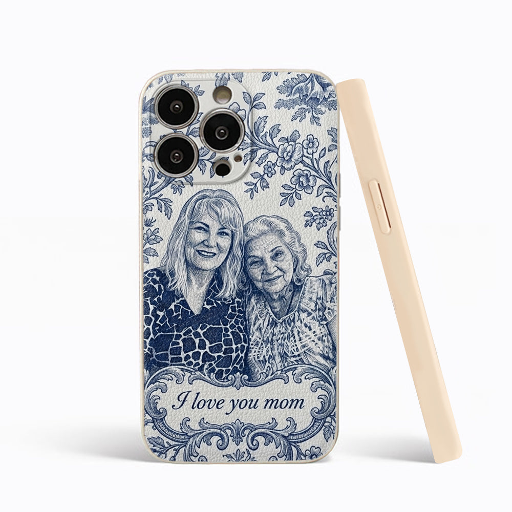 Idée Cadeau Maman, Motif Toile De Jouy Bleue - Coque de Téléphone en Cuir Personnalisée 3D