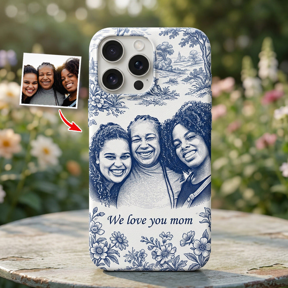 Idée Cadeau Maman, Motif Toile De Jouy Bleue - Coque de Téléphone en Cuir Personnalisée 3D