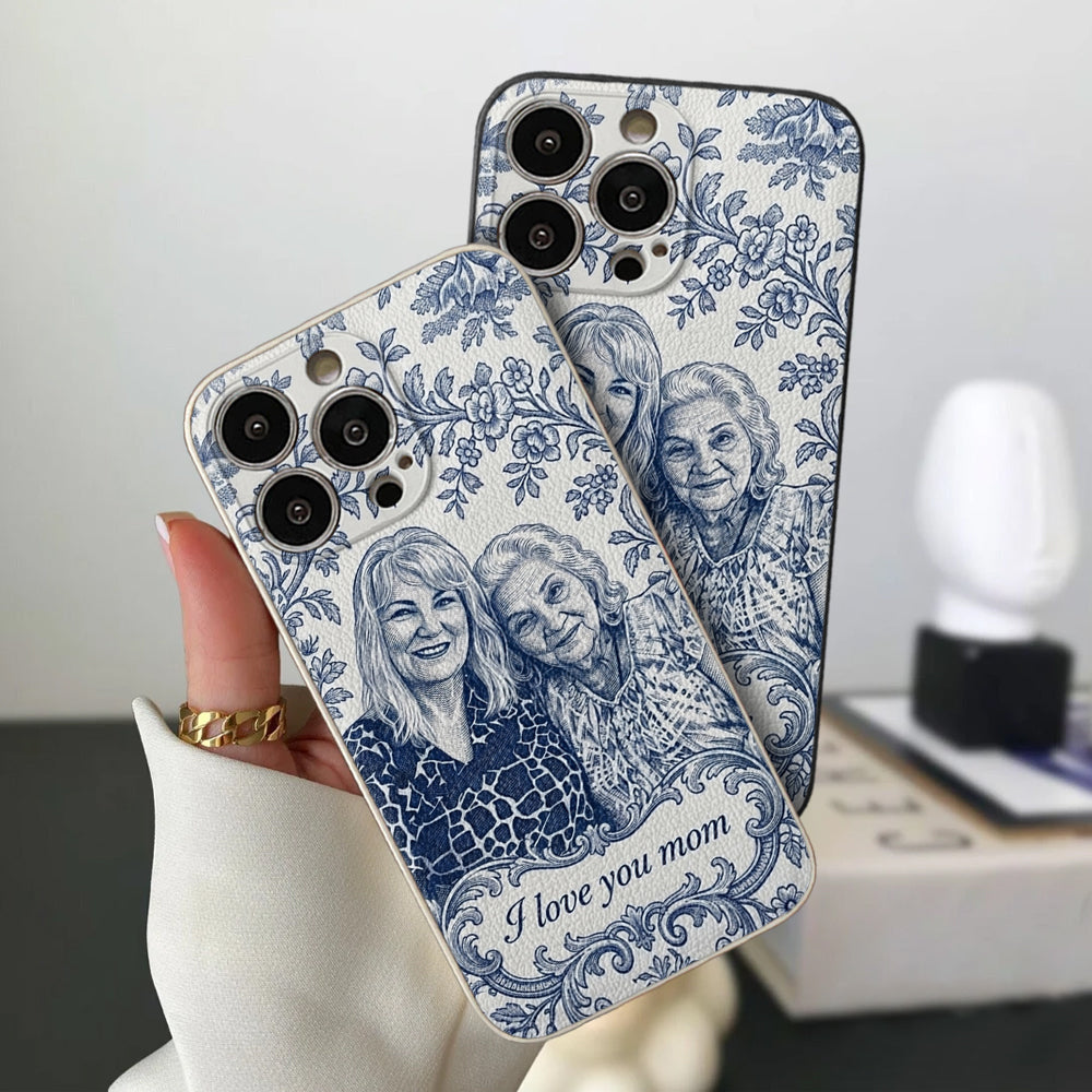 Idée Cadeau Maman, Motif Toile De Jouy Bleue - Coque de Téléphone en Cuir Personnalisée 3D