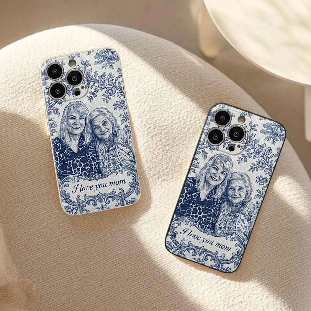 Idée Cadeau Maman, Motif Toile De Jouy Bleue - Coque de Téléphone en Cuir Personnalisée 3D