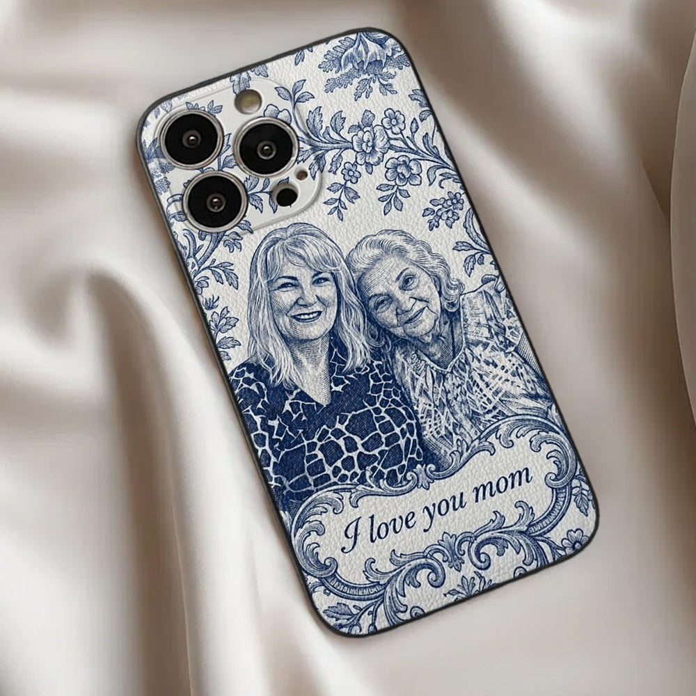 Idée Cadeau Maman, Motif Toile De Jouy Bleue - Coque de Téléphone en Cuir Personnalisée 3D
