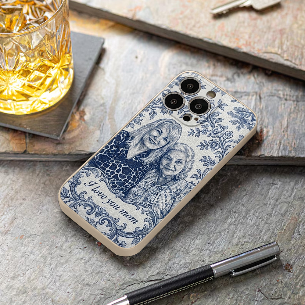 Idée Cadeau Maman, Motif Toile De Jouy Bleue - Coque de Téléphone en Cuir Personnalisée 3D