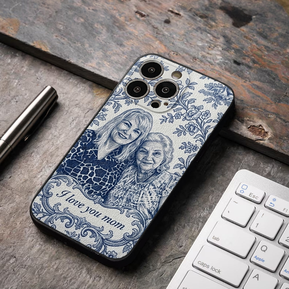 Idée Cadeau Maman, Motif Toile De Jouy Bleue - Coque de Téléphone en Cuir Personnalisée 3D