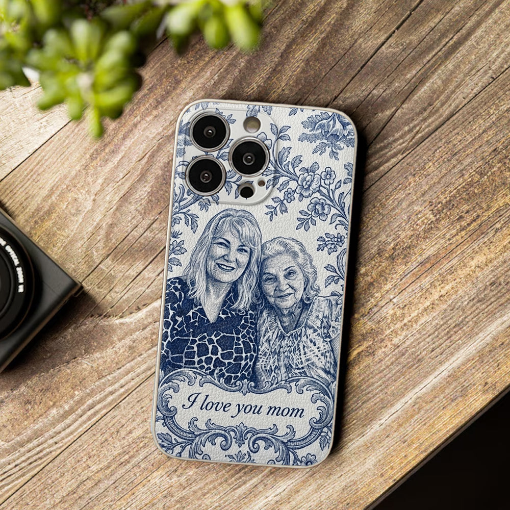 Idée Cadeau Maman, Motif Toile De Jouy Bleue - Coque de Téléphone en Cuir Personnalisée 3D