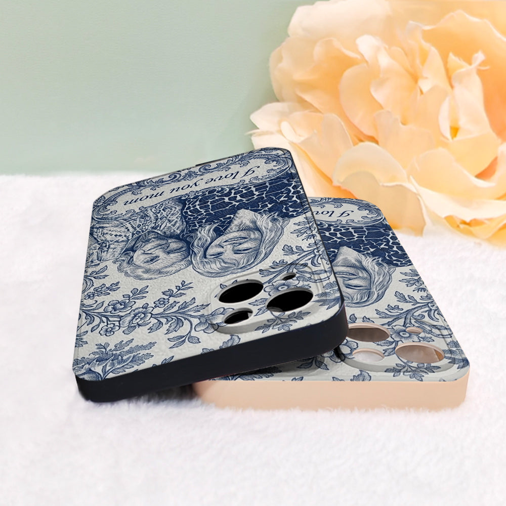 Idée Cadeau Maman, Motif Toile De Jouy Bleue - Coque de Téléphone en Cuir Personnalisée 3D