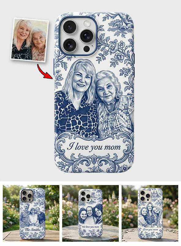 Idée Cadeau Maman, Motif Toile De Jouy Bleue - Coque de Téléphone en Cuir Personnalisée 3D
