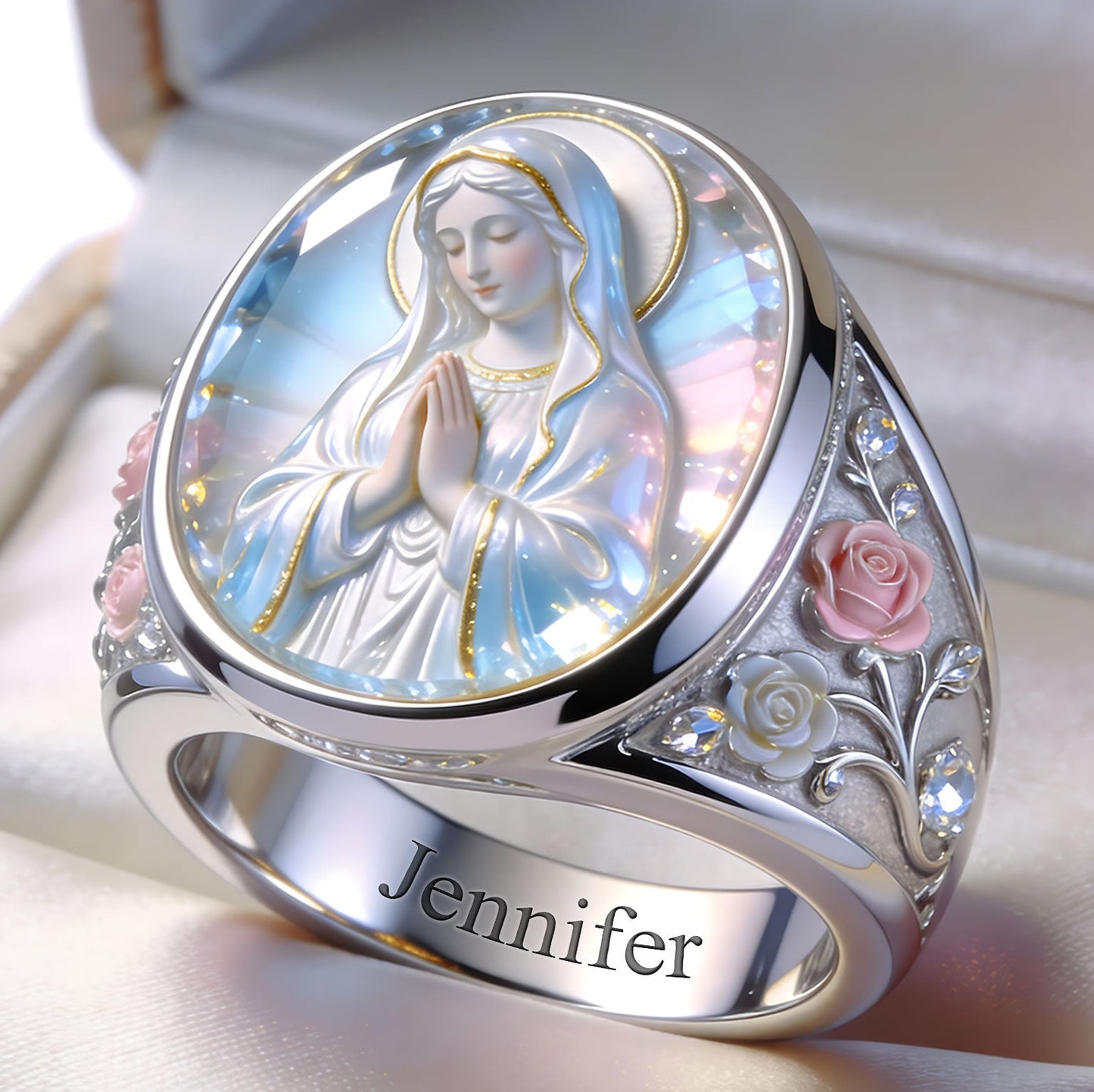 Bague chevalière chrétienne personnalisée « L'éclat éternel de Notre-Dame »