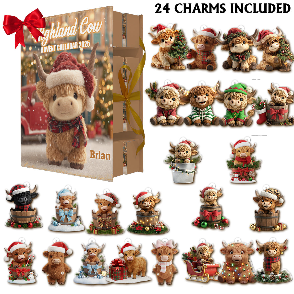 Calendrier de l'Avent pliable personnalisé « Vache des Highlands » avec décorations