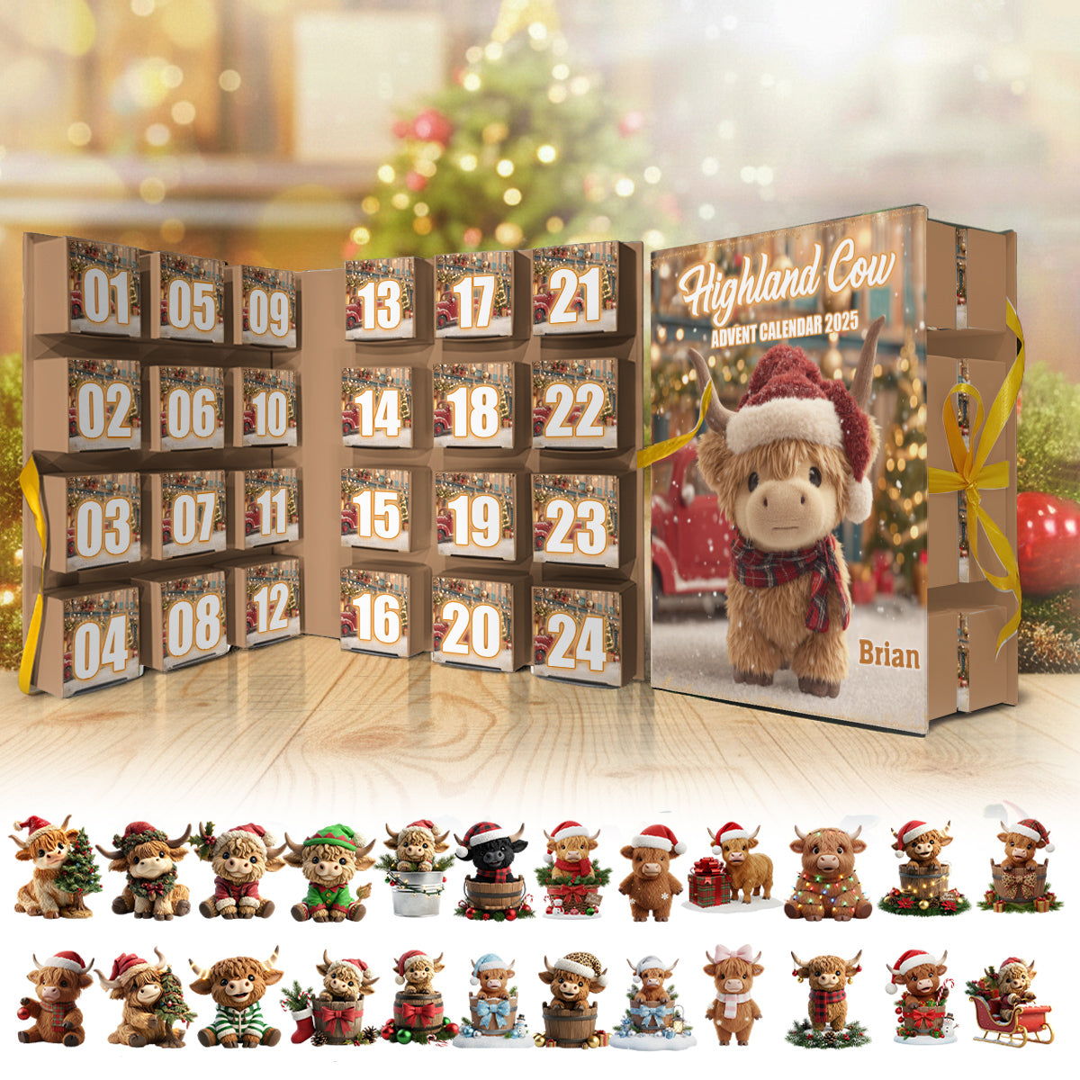 Calendrier de l'Avent pliable personnalisé « Vache des Highlands » avec décorations