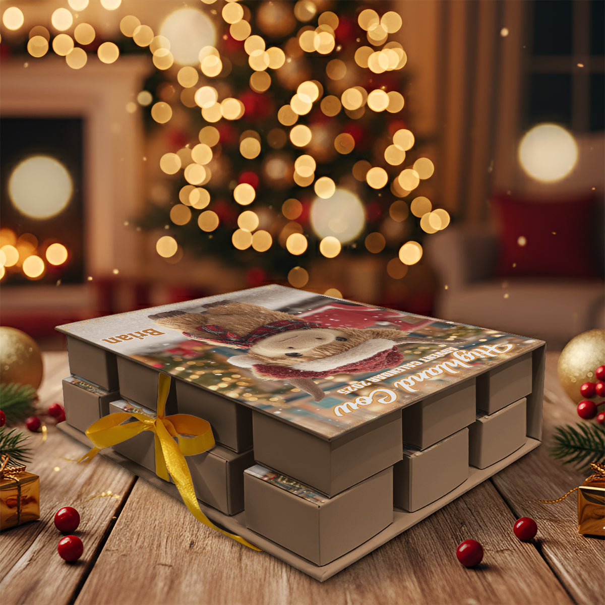 Calendrier de l'Avent pliable personnalisé « Vache des Highlands » avec décorations