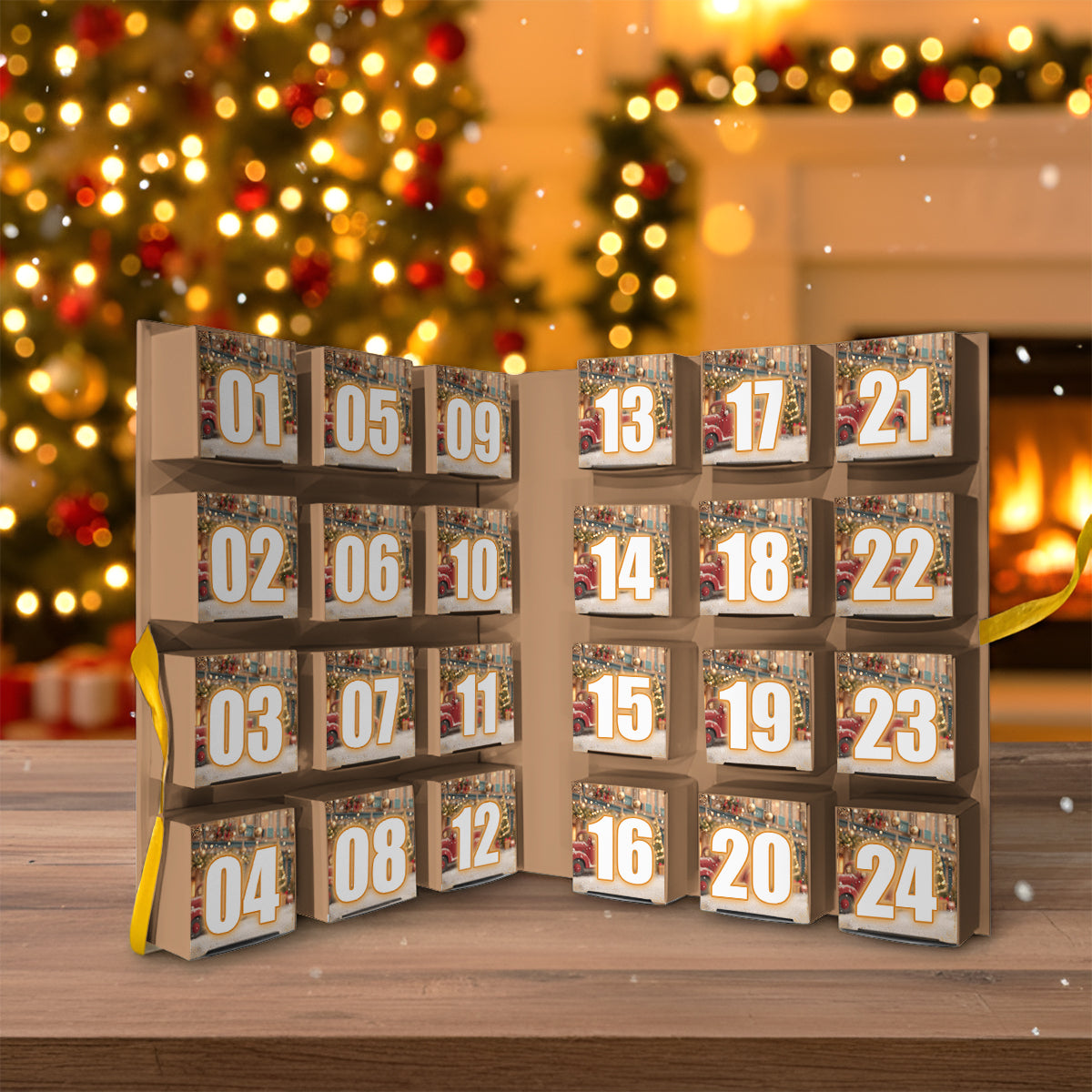 Calendrier de l'Avent pliable personnalisé « Vache des Highlands » avec décorations