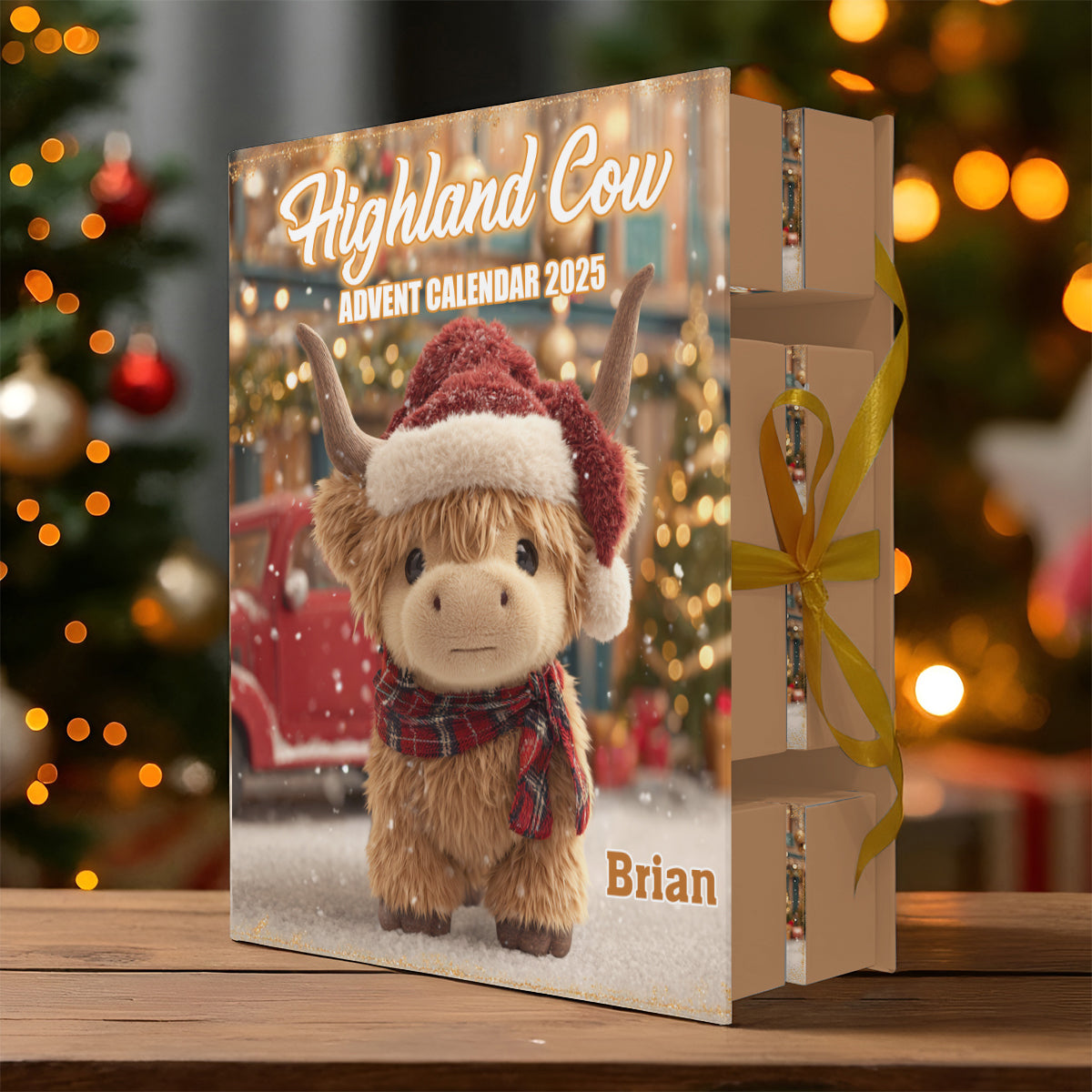 Calendrier de l'Avent pliable personnalisé « Vache des Highlands » avec décorations