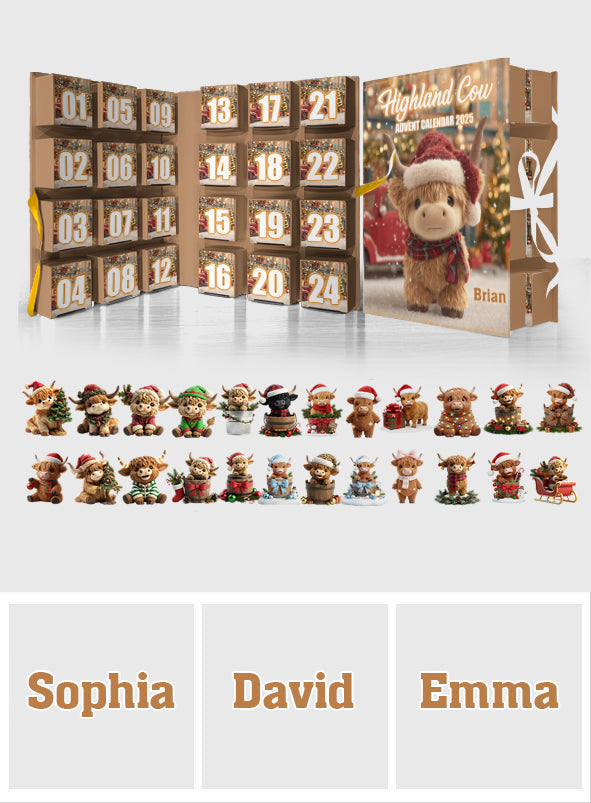 Calendrier de l'Avent pliable personnalisé « Vache des Highlands » avec décorations