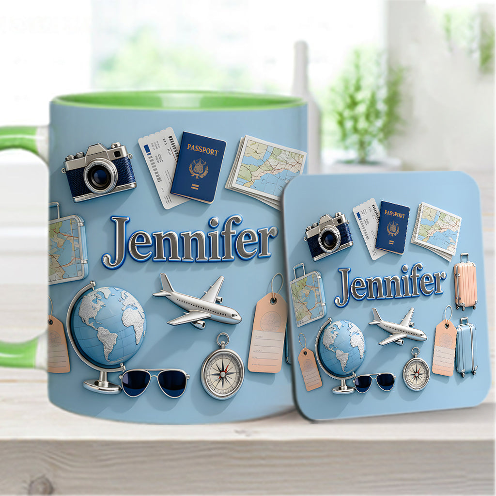 Une fille qui adore voyager - Mug et sous-verre personnalisés sur le thème du voyage