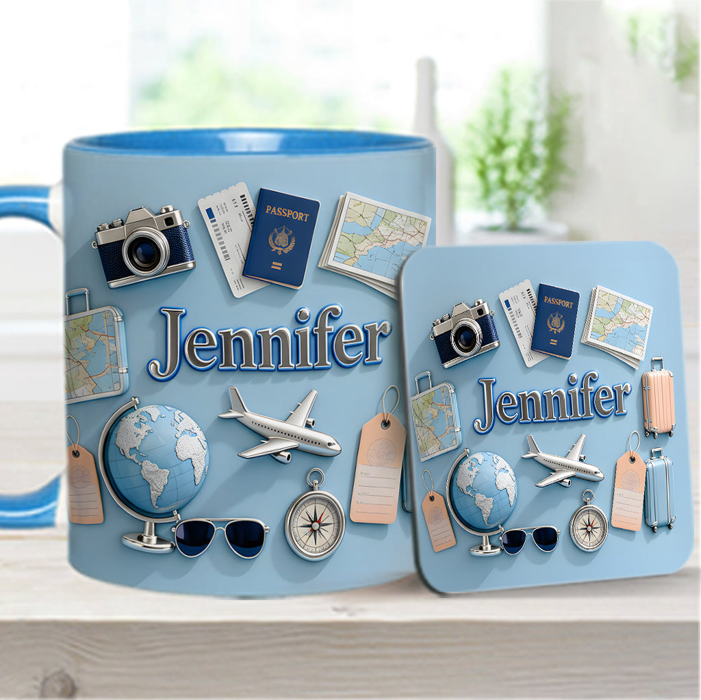 Une fille qui adore voyager - Mug et sous-verre personnalisés sur le thème du voyage