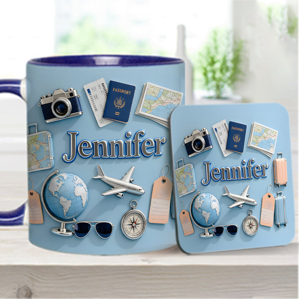 Une fille qui adore voyager - Mug et sous-verre personnalisés sur le thème du voyage
