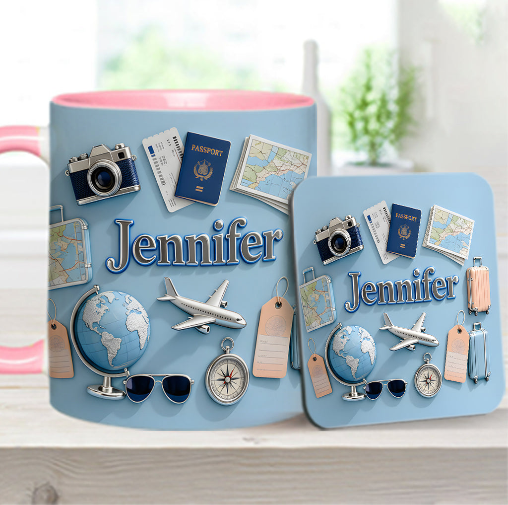 Une fille qui adore voyager - Mug et sous-verre personnalisés sur le thème du voyage