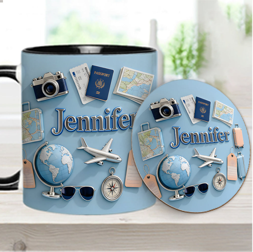 Une fille qui adore voyager - Mug et sous-verre personnalisés sur le thème du voyage