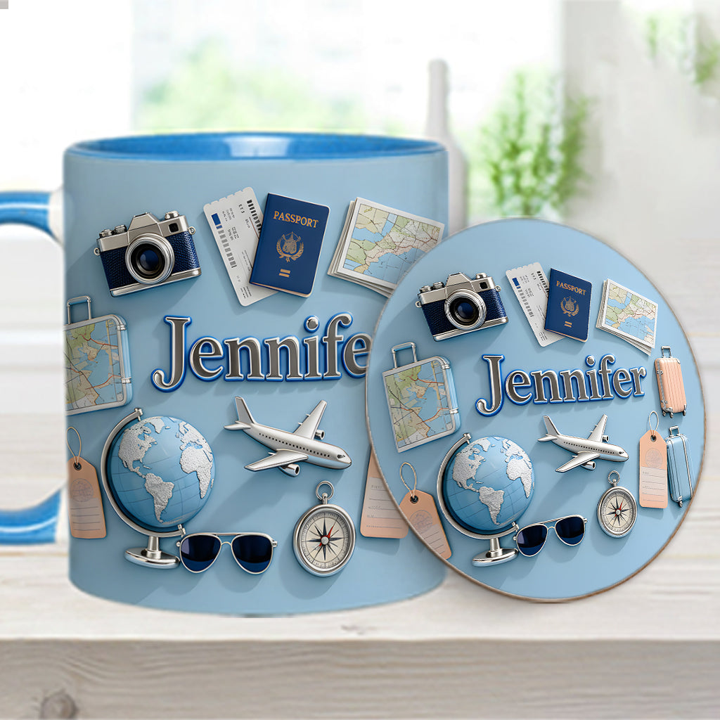 Une fille qui adore voyager - Mug et sous-verre personnalisés sur le thème du voyage