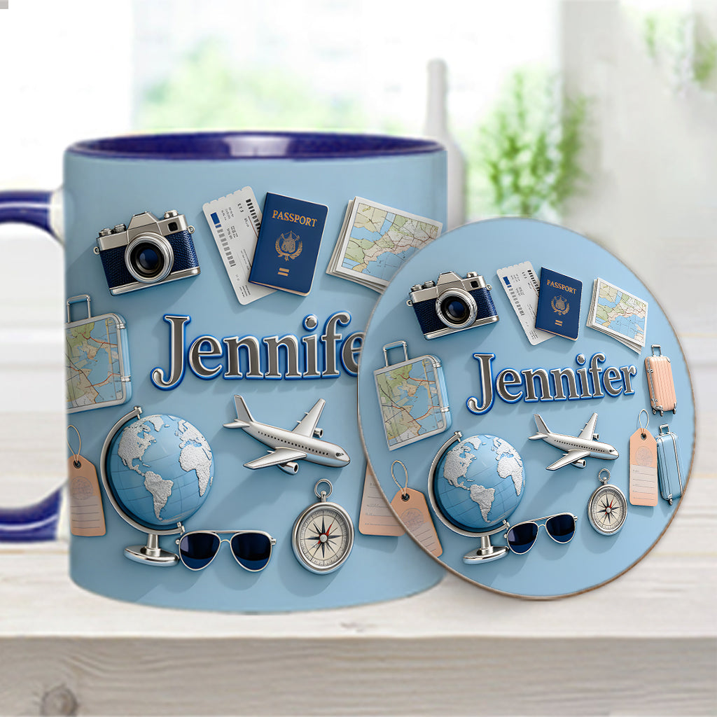 Une fille qui adore voyager - Mug et sous-verre personnalisés sur le thème du voyage