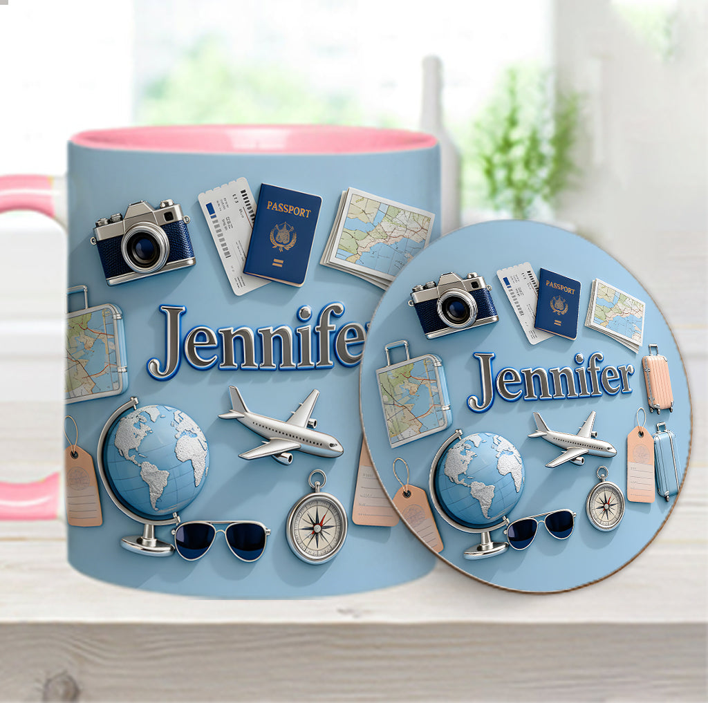 Une fille qui adore voyager - Mug et sous-verre personnalisés sur le thème du voyage